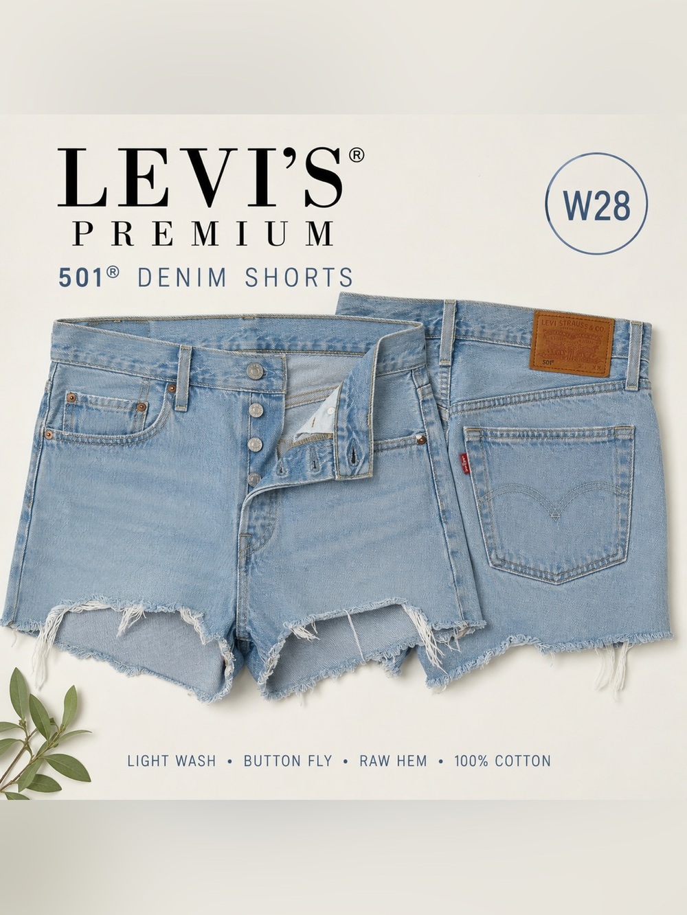 Levi’s Premium 501 Denim Shorts W28 Light Wash Distressed Raw Hem Button Fly